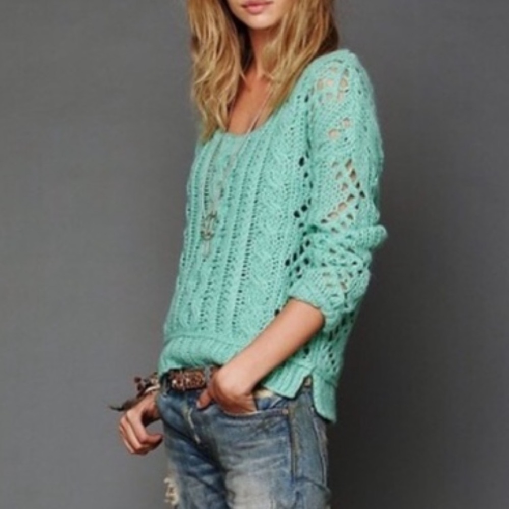 Free People Y2K Green Open Knit Chunky Wool Mohair Blend Cable Knit Sweater M